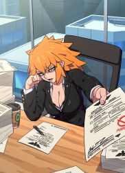 Rule 34 | 1girl, aniwars, aqua eyes, bags under eyes, black jacket, blitz (aniwars), bra, bra slip, breasts, building, chair, cleavage, coffee cup, cup, disposable cup, highres, holding, holding paper, jacket, large breasts, long hair, looking at viewer, office, office lady, open mouth, orange hair, paper, pen, ponaners, shirt, sitting, solo, table, underwear, white shirt, window