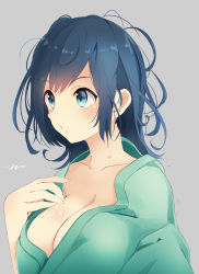 Rule 34 | 10s, 1girl, :o, blue eyes, blue hair, blush, breasts, cleavage, collarbone, female focus, grey background, hair down, hand on own chest, highres, japanese clothes, kantai collection, kimono, large breasts, long hair, looking to the side, matching hair/eyes, messy hair, neck, nose, open clothes, open kimono, parted lips, signature, simple background, solo, souryuu (kancolle), tebi (tbd11), upper body