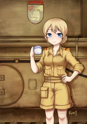 Rule 34 | 10s, 1girl, absurdres, alternate costume, artist name, bare legs, belt, blonde hair, blue eyes, braid, camouflage, cup, darjeeling (girls und panzer), desert camouflage, emblem, eyebrows, flower, girls und panzer, hand on own hip, highres, holding, holding cup, jacy, machinery, military, military vehicle, motor vehicle, shorts, sleeves rolled up, smile, solo, standing, tank, teacup, teapot, twin braids, uniform, upper body