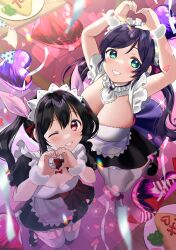 Rule 34 | 2girls, ;d, absurdres, apron, aqua eyes, balloon, black hair, black skirt, breasts, cleavage, cup, drinking glass, from above, garter straps, grin, heart, heart balloon, heart hands, highres, kazepana, large breasts, looking at viewer, love live!, love live! school idol project, maid, maid apron, maid headdress, mogyutto &quot;love&quot; de sekkin chuu!, multiple girls, official alternate costume, one eye closed, open mouth, puffy short sleeves, puffy sleeves, purple hair, red eyes, short sleeves, skirt, smile, thighhighs, tojo nozomi, twintails, white apron, white thighhighs, wine glass, yazawa nico