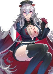 Rule 34 | 1girl, absurdres, azur lane, breasts, cleavage, cleavage cutout, cloak, clothing cutout, collared shirt, gloves, graf zeppelin (azur lane), hair between eyes, hat, highres, kaki z3, large breasts, long hair, looking at viewer, pencil skirt, plunging neckline, red eyes, red gloves, shirt, simple background, skirt, solo, syringe, thighhighs, thighs, very long hair, white background, white hair