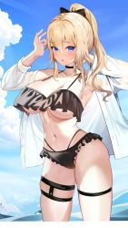 Rule 34 | 1girl, absurdres, arms behind head, arms up, bikini, black bikini, black bow, black choker, blonde hair, blue eyes, blue sky, bow, breasts, choker, cleavage, cloud, contrapposto, cowboy shot, day, dress shirt, artistic error, frilled bikini, frills, genshin impact, hair bow, halterneck, high ponytail, highleg, highleg panties, highres, jean (genshin impact), large breasts, letterboxed, long hair, looking at viewer, navel, niduannowu, open clothes, open shirt, outdoors, panties, panty straps, parted lips, ponytail, shirt, skindentation, sky, sleeves rolled up, solo, stomach, swimsuit, thigh strap, thighs, underboob, underwear, wading, water, wet, white shirt, wrong hand