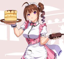Rule 34 | 1girl, ahoge, apron, bottle, bow, bowtie, brown hair, closed mouth, collared shirt, commentary, cowboy shot, dress, drill hair, food, frilled apron, frilled dress, frills, frown, half-closed eye, holding, holding tray, idolmaster, idolmaster million live!, kamille (vcx68), looking at viewer, maid headdress, medium hair, pancake, pink bow, pink bowtie, pink dress, pretty waitress (idolmaster), puffy short sleeves, puffy sleeves, purple eyes, shirt, short dress, short sleeves, side drill, side ponytail, solo, standing, tray, waist apron, waitress, white apron, white shirt, wrist cuffs, yokoyama nao
