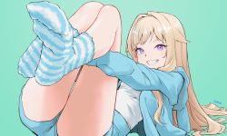 Rule 34 | 1girl, artist name, blonde hair, blue hair, blue jacket, blue shorts, blue socks, blush, breasts, clenched teeth, commentary request, esc1 2d, eyelashes, feet, feet up, fluffy legwear, foot focus, foreshortening, full body, fuzzy footwear, fuzzy socks, green background, hair intakes, highres, himehina channel, hood, hooded jacket, hugging own legs, jacket, legs, legs together, long hair, long legs, looking at viewer, lying, multicolored hair, no shoes, on back, purple eyes, shiny skin, shirt, short shorts, shorts, sidelocks, simple background, small breasts, socks, soles, solo, streaked hair, striped clothes, striped socks, suzuki hina, teeth, thighs, toe scrunch, virtual youtuber, white shirt, white socks
