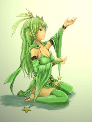 Rule 34 | 1990s (style), 1girl, bangle, barefoot, bracelet, breasts, bridal gauntlets, capelet, cleavage, colored eyelashes, crescent, crescent earrings, crescent moon, detached sleeves, dress, earrings, feet, final fantasy, final fantasy iv, green dress, green eyes, green hair, green skirt, green theme, highres, jewelry, jpeg artifacts, katatuki, long hair, looking up, matching hair/eyes, moon, open mouth, retro artstyle, revision, ring, rydia (ff4), simple background, sitting, skindentation, skirt, solo, star (symbol), stirrup legwear, thighhighs, toeless legwear, toes, wariza