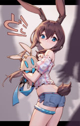 Rule 34 | 1girl, :&lt;, amiya (arknights), animal ears, arknights, bare shoulders, blue eyes, blue shorts, blush, brown hair, chunrijun (springer), closed mouth, commentary request, eyebrows hidden by hair, hair between eyes, long hair, looking at viewer, looking to the side, nose blush, hugging object, off-shoulder shirt, off shoulder, plaid, plaid shirt, puffy short sleeves, puffy sleeves, rabbit ears, rabbit girl, rabbit tail, shadow, shirt, short shorts, short sleeves, shorts, solo, stuffed animal, stuffed rabbit, stuffed toy, tail, thigh strap, translation request, very long hair, white shirt