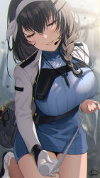 Rule 34 | 1girl, absurdres, bandages, blue dress, blurry, blurry background, braid, breasts, buttons, commentary request, dress, fingernails, gloves, goddess of victory: nikke, hairband, headset, highres, holding, jacket, large breasts, lips, long hair, long sleeves, mary (nikke), open clothes, open jacket, parted lips, project nikke, short dress, signature, simple background, single braid, single glove, smile, tsukana (saba mizore)