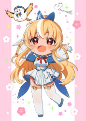 Rule 34 | 1girl, :d, arms up, back bow, blonde hair, blue bow, blue footwear, blush, bow, bow skirt, bowtie, chibi, chibi only, commentary request, cutout above navel, dark-skinned female, dark skin, detached sleeves, elf, elfriend (shiranui flare), garter straps, gloves, hair bow, half gloves, high ponytail, highres, hololive, long hair, momone cco, multicolored hair, open mouth, pleated skirt, pointy ears, red bow, red bowtie, shiranui flare, shiranui flare (1st costume), shirt, sidelocks, signature, skirt, skirt set, smile, solo, streaked hair, thighhighs, virtual youtuber, white garter straps, white gloves, white shirt, white skirt, white sleeves, white thighhighs, wide sleeves
