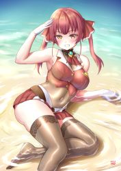 Rule 34 | 1girl, :d, arm support, arm up, armpits, ascot, bad id, bad pixiv id, bare shoulders, beach, belt, blush, bodystocking, breasts, brown thighhighs, cleavage, covered navel, day, finalcake, gloves, grin, hair ribbon, heterochromia, highres, hololive, houshou marine, large breasts, leotard, leotard under clothes, long hair, looking at viewer, lying, miniskirt, on side, open mouth, outdoors, pleated skirt, purple hair, red ascot, red eyes, red ribbon, red skirt, red vest, ribbon, salute, see-through, see-through cleavage, see-through leotard, shallow water, signature, skirt, smile, solo, teeth, thighhighs, thighs, twintails, vest, virtual youtuber, water, white gloves, yellow eyes
