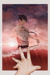 Rule 34 | 1boy, amputee, belt, black hair, black neckwear, black pants, blood, blood on clothes, blood on face, blood on hands, business suit, chainsaw man, chiyorozu zatsu, cloud, collared shirt, floating neckwear, formal, hayakawa aki, highres, long sleeves, looking at viewer, necktie, neckwear request, ocean, open mouth, outside border, pants, reaching, reaching towards viewer, shirt, shirt tucked in, short hair, smile, solo focus, spoilers, suit, sun, water, white shirt