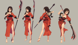 Rule 34 | 1girl, anklet, barefoot, bell, belt, black hair, braid, breasts, character sheet, cleavage, crossed legs, feet, fkey, full body, glaive (polearm), guan dao, japanese clothes, jewelry, kimono, large breasts, legs, long hair, naginata, nail polish, off shoulder, original, polearm, red eyes, simple background, solo, standing, tattoo, toenail polish, toenails, watson cross, weapon
