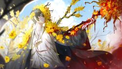 Rule 34 | 1boy, bags under eyes, black hair, blood, blood on clothes, blood on flower, blood on hands, branch, closed mouth, coat, e.g.o (project moon), flower, game cg, grey coat, highres, holding, holding branch, limbus company, long sleeves, male focus, nai ga, official art, outdoors, project moon, short hair, sidelocks, solo, standing, tree, white hanbok, wide sleeves, yellow eyes, yellow flower, yi sang (project moon)
