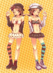 Rule 34 | 10s, 2girls, :p, asymmetrical clothes, bad id, bad pixiv id, bare shoulders, bow, breasts, brown eyes, brown hair, checkered background, cleavage, flipped hair, futami ami, futami mami, hair bow, hat, highres, idolmaster, idolmaster (classic), idolmaster cinderella girls, jacket, midriff, multiple girls, navel, one eye closed, sh346, shoes, siblings, sisters, skirt, small breasts, socks, standing, striped clothes, striped legwear, striped thighhighs, thighhighs, tongue, tongue out, twins, wink