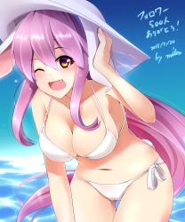 Rule 34 | 1girl, absurdres, animal ears, artist name, bikini, blue eyes, blue sky, blush, breasts, cowboy shot, dated, day, fang, female focus, gradient eyes, hand on own ear, hand up, hat, highres, large breasts, leaning forward, long hair, miton (turuyasann), multicolored eyes, navel, ocean, one eye closed, open mouth, orange eyes, purple hair, rabbit ears, rabbit girl, rabbit tail, reisen udongein inaba, side-tie bikini bottom, sky, solo, swimsuit, tail, thighs, touhou, translation request, very long hair, white bikini