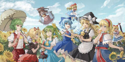 6+girls alice_margatroid apron ascot black_shirt blonde_hair blue_bow blue_dress blue_eyes blue_flower blue_hair bow bowtie braid brown_eyes brown_hair capelet chinese_commentary cirno closed_mouth cloud collared_shirt commentary_request cryokinesis daiyousei day detached_sleeves detached_wings doll dress drinking fairy fairy_wings field flower flower_field flower_request food frilled_bow frilled_hair_tubes frilled_hairband frills gap_(touhou) green_hair hair_bow hair_ribbon hair_tubes hairband hakurei_reimu hat hat_bow hat_ornament highres holding holding_flower holding_food holding_popsicle ice ice_cube ice_wings kazami_yuuka kirisame_marisa lily_of_the_valley lolita_hairband long_hair medicine_melancholy multiple_girls open_clothes open_mouth open_vest outdoors pinafore_dress plaid_clothes plaid_skirt plaid_vest popsicle pouring puffy_short_sleeves puffy_sleeves red_bow red_bowtie red_eyes red_hairband red_ribbon red_sash red_skirt red_vest rhachen ribbon ribbon-trimmed_sleeves ribbon_trim sash shanghai_doll shirt short_sleeves side_braid side_ponytail single_braid skirt skirt_set sleeveless sleeveless_dress smile star_(symbol) star_hat_ornament su-san sunflower sunflower_field touhou touhou_lostword vest waist_apron water white_bow white_capelet white_shirt wings witch_hat yellow_ascot yellow_bow yellow_eyes yellow_flower