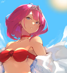 Rule 34 | 1girl, ark royal (kancolle), bikini, blue eyes, bob cut, breasts, day, flower, highres, kantai collection, looking at viewer, medium breasts, outdoors, parted lips, pink hair, red bikini, red flower, red rose, rose, short hair, signature, sky, solo, sun, sunday aki, swimsuit, tiara