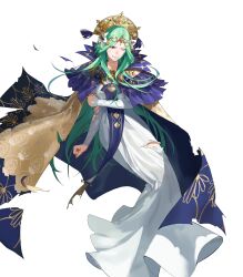 Rule 34 | 1girl, cape, clenched hand, clenched teeth, crown, dress, female focus, fire emblem, fire emblem: three houses, fire emblem heroes, flower, full body, gold trim, green eyes, green hair, hair ornament, highres, jewelry, long dress, long hair, long skirt, long sleeves, looking away, matching hair/eyes, nintendo, official art, one eye closed, parted lips, rhea (fire emblem), skirt, solo, teeth, torn cape, torn clothes, torn dress, transparent background, white dress, wince, zonotaida