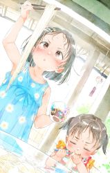 Rule 34 | 2girls, :t, arm up, bare arms, bare shoulders, black hair, blue dress, blush, brown eyes, cat hair ornament, child, chopsticks, closed eyes, closed mouth, collarbone, commentary request, cup, dress, drinking glass, eating, floral print, food, food print, forehead, gomennasai, hair ornament, hairclip, highres, holding, holding chopsticks, holding cup, holding food, looking up, multiple girls, noodles, original, panda hair ornament, parted bangs, parted lips, print dress, siblings, sisters, sleeveless, sleeveless dress, sweat, twintails, v-shaped eyebrows, watermelon print, white dress, wind chime