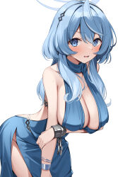 Rule 34 | 1girl, absurdres, ako (blue archive), ako (dress) (blue archive), backless dress, backless outfit, bare shoulders, blue archive, blue dress, blue eyes, blue hair, blush, bracelet, breasts, chain, cleavage, cuffs, dress, hair between eyes, hairband, halo, highres, jewelry, large breasts, looking at viewer, medium hair, open mouth, shackles, sideboob, solo, suiroh (shideoukami)
