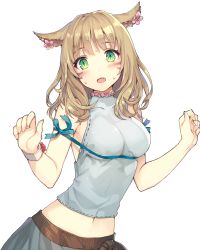 Rule 34 | 10s, 1girl, :o, animal ears, arms up, blouse, breasts, cowboy shot, earrings, embarrassed, facial tattoo, final fantasy, final fantasy xiv, green eyes, jewelry, large breasts, midriff, miqo&#039;te, momoko (momopoco), pleated skirt, rei no himo, shirt, skirt, sleeveless, sleeveless shirt, solo, sweatdrop, tattoo, warrior of light (ff14), wavy hair, white shirt, wristband