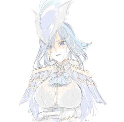 Rule 34 | 1girl, black bra, blue hair, bra, bra visible through clothes, breasts, brooch, cape, clorinde (genshin impact), crossed arms, dripping, genshin impact, gloves, hat, hat feather, highres, jewelry, large breasts, looking at viewer, mitsugu, purple eyes, see-through, shirt, simple background, solo, underwear, vision (genshin impact), water, water drop, wet, wet clothes, wet face, wet hair, wet shirt, white background, white shirt