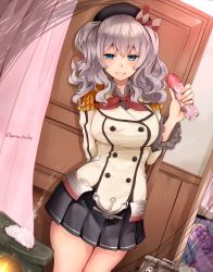 Rule 34 | 1girl, bad id, bad pixiv id, black hat, blouse, blue eyes, commentary request, grey shirt, hair between eyes, hat, kantai collection, kashima (kancolle), long hair, miniskirt, narushima kanna, shirt, silver hair, skirt, solo, two side up
