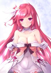 Rule 34 | 1girl, absurdres, ahoge, bare arms, black bow, bow, breasts, cleavage, closed mouth, clothes pull, collar, collarbone, covered navel, cowboy shot, detached collar, dress, dress bow, eyelashes, gloves, hair ornament, hands up, highres, kuro (be ok), large breasts, long hair, looking at viewer, pink bow, pink eyes, pulling own clothes, rasis, red hair, sideless outfit, sidelighting, smile, solo, sound voltex, straight-on, swept bangs, underboob, very long hair, white collar, white dress, white gloves, wide hips