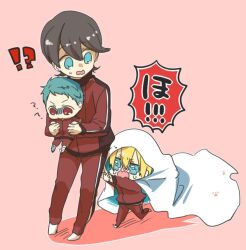 Rule 34 | !?, 3boys, aged down, armpit carry, black hair, blanket, blonde hair, blue eyes, blue hair, chasing, chibi, child, confused, crying, goma sodapop, hood, hood up, horikawa kunihiro, jacket, lifting person, long sleeves, looking back, male focus, multiple boys, no shoes, open mouth, pants, paw print, red background, red eyes, red jacket, red pants, runny nose, short hair, simple background, snot, socks, standing, surprised, touken ranbu, track suit, under covers, veil, white background, yamabushi kunihiro, yamanbagiri kunihiro