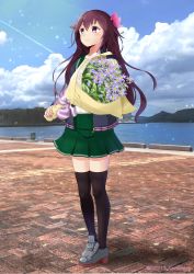 Rule 34 | 1girl, absurdres, black thighhighs, blue jacket, blue sky, bouquet, brown hair, cloud, commentary request, contrail, day, flower, green sailor collar, green skirt, hair ornament, highres, holding, holding bouquet, jacket, kantai collection, kisaragi (kancolle), long hair, looking up, mountainous horizon, outdoors, photo background, pleated skirt, purple eyes, sailor collar, sasebo, skirt, sky, solo, sorairo haruka, thighhighs, water