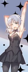 Rule 34 | 1girl, armpits, arms up, black dress, black necktie, black pantyhose, blush, breasts, cowboy shot, detached collar, dress, green eyes, half-closed eye, highres, legs apart, looking at viewer, medium hair, necktie, one eye closed, pantyhose, sanya v. litvyak, sidelocks, silver hair, small breasts, solo, sparkle, standing, strapless, strapless dress, stretching, strike witches, sweat, tears, tilt-shift (azalanz), twitter username, two-tone background, waking up, world witches series, yawning