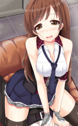 Rule 34 | 10s, 1girl, black thighhighs, blush, breasts, brown eyes, brown hair, cleavage, drooling, idolmaster, idolmaster cinderella girls, large breasts, long hair, necktie, nitta minami, oga raito, open mouth, saliva, sitting, sitting on person, skirt, smile, tank top, thighhighs, wavy mouth