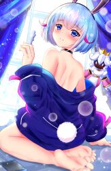 Rule 34 | 1girl, animal ears, bare back, bare legs, bare shoulders, barefoot, blue eyes, blue hair, blush, cellphone, chess piece, choker, crown, curtains, fake animal ears, fake tail, feet, headband, highres, izumikuu, jacket, light, mascot, mini crown, open clothes, open jacket, otosaka shion (shadowverse flame), parted bangs, phone, puffy sleeves, queen (chess), rabbit ears, rabbit tail, shadowverse, shadowverse (anime), shadowverse flame, short hair, smartphone, smile, soles, tail, toenails, toes, window