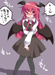 Rule 34 | 1girl, bad id, bad pixiv id, black dress, blush, commentary request, demon girl, dress, dress shirt, hammer (sunset beach), head wings, heavy breathing, koakuma, long hair, open mouth, pantyhose, red eyes, red hair, shirt, simple background, solo, touhou, translation request, wings