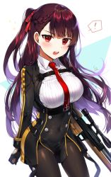 Rule 34 | !, 1girl, black gloves, black pantyhose, blouse, blush, breasts, bullpup, collared shirt, covered navel, cowboy shot, gijang, girls&#039; frontline, gloves, gun, hair ribbon, half updo, large breasts, long hair, looking at viewer, necktie, open mouth, pantyhose, pelvic curtain, purple hair, red eyes, ribbon, rifle, scope, shirt, simple background, sniper rifle, solo, sparkle, spoken exclamation mark, standing, strap, teeth, tie clip, upper teeth only, v-shaped eyebrows, very long hair, wa2000 (girls&#039; frontline), walther, walther wa 2000, weapon, white background, white shirt