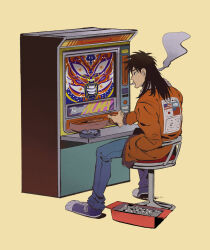 Rule 34 | 1boy, american flag, black eyes, black hair, blue footwear, blue pants, bomber jacket, brown jacket, chair, cigarette, closed mouth, commentary request, expressionless, full body, hand in pocket, highres, inudori, itou kaiji, jacket, kaiji, long hair, long sleeves, male focus, pachinko, pachinko ball, pants, playing games, republic of china flag, shoes, simple background, sitting, smoke, smoking, sneakers, solo, south korean flag, united nations flag, yellow background