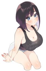 Rule 34 | 1girl, absurdres, arm support, black hair, black shirt, blue eyes, blush, breasts, cleavage, closed mouth, commentary request, cropped legs, highres, karasuma yayoi, large breasts, looking at viewer, no pants, original, panties, shirt, short hair, simple background, sitting, sleeveless, sleeveless shirt, solo, underwear, white background, white panties