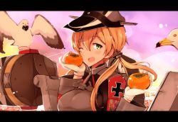 Rule 34 | 1girl, ;d, anchor hair ornament, bird, blonde hair, breasts, food, fruit, gloves, green eyes, hair between eyes, hair ornament, hat, kantai collection, large breasts, long sleeves, machinery, military, military uniform, mizumoto tadashi, one eye closed, open mouth, peaked cap, persimmon, prinz eugen (kancolle), seagull, smile, twintails, uniform, upper body, white gloves