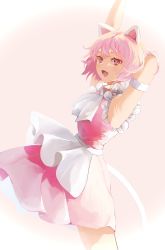 Rule 34 | 1girl, animal ears, apron, ascot, cat ears, cat girl, cat tail, cowboy shot, dress, eyebrows hidden by hair, highres, indie utaite, looking at viewer, mebuki (moon angel 4), niconico, nqrse, open mouth, pastel colors, pink background, pink dress, pink eyes, pink hair, pink theme, sleeveless, sleeveless dress, smile, solo, tail, waist apron, white apron, white ascot