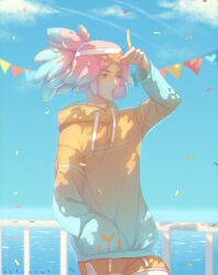 Rule 34 | 1boy, absurdres, artist name, astrocatsama, blowing bubbles, blue hair, blue hoodie, blue sky, blue sleeves, cloud, colored tips, commentary, confetti, cowboy shot, day, english commentary, fingernails, garland (decoration), gradient hoodie, gradient sleeves, green eyes, hand in pocket, hand on headwear, hat, highres, hood, hood down, hoodie, long hair, long sleeves, looking ahead, male focus, multicolored hair, ocean, orange hat, orange hoodie, orange shorts, orange sleeves, original, outdoors, pink hair, plant print, ponytail, railing, short shorts, shorts, sky, solo, sprout, summer, thick eyebrows, turtleneck, two-tone headwear, visor cap, white hat, white undershirt