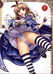 Rule 34 | 1girl, alicia (queen&#039;s blade), blue eyes, blush, breasts, brown hair, cape, cleavage, fingerless gloves, frills, gloves, hair ribbon, high heels, highres, hobby japan, large breasts, legs, long hair, misaki kurehito, necktie, open mouth, panties, pantyshot, queen&#039;s blade, queen&#039;s blade grimoire, queen&#039;s blade lost worlds, ribbon, scan, shoes, skirt, solo, striped clothes, striped thighhighs, sweat, thighhighs, torn clothes, torn panties, underwear, white panties