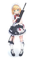 Rule 34 | 1girl, :d, absurdres, apron, assault rifle, black bow, black dress, black footwear, blonde hair, blush, bow, braid, commentary request, dress, frilled apron, frilled dress, frills, full body, g36 (girls&#039; frontline), girls&#039; frontline, glasses, gloves, green eyes, gun, h&amp;k g36, hair between eyes, hair bow, head tilt, highres, kneehighs, korean commentary, looking at viewer, maid, maid headdress, name connection, hugging object, object namesake, open mouth, red bow, rifle, round eyewear, seero, shoes, side braid, single braid, sleeveless, sleeveless dress, smile, socks, solo, standing, waist apron, weapon, white apron, white gloves, white socks