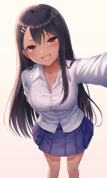 Rule 34 | 1girl, :d, alternate breast size, arm behind back, arm up, black hair, blue skirt, blush, breasts, brown eyes, cleavage, collared shirt, commentary, dark skin, dark-skinned female, dress shirt, earclip, fang, feet out of frame, hair ornament, hairclip, highres, ijiranaide nagatoro-san, long hair, long sleeves, looking at viewer, medium breasts, miniskirt, nagatoro hayase, open mouth, outstretched arm, pleated skirt, revision, seungju lee, shirt, skin fang, skirt, smile, solo, standing, straight hair, very long hair