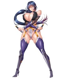 Rule 34 | 1girl, blue hair, blush, bodysuit, breast press, breasts, covered erect nipples, curvy, fei (maidoll), female focus, full body, highleg, highleg leotard, highres, holding, holding sword, holding weapon, huge breasts, leotard, long hair, night, partially visible vulva, ponytail, revealing clothes, shiny skin, sweat, sword, taimanin (series), taimanin asagi kessen arena, thong leotard, uehara rin, weapon, white background, wide hips