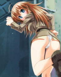 Rule 34 | 00s, 1girl, ass, blue eyes, brown hair, charlotte e. yeager, panties, pantyshot, solo, strike witches, umekichi, underwear, world witches series