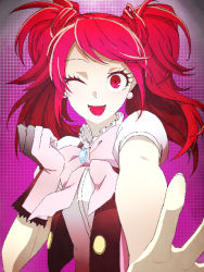 Rule 34 | 1girl, atlus, hiraijin, jewelry, kujikawa rise, long hair, open mouth, persona, persona 4, reaching, red eyes, red hair, smile, solo, twintails, wink