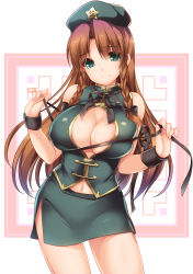 Rule 34 | 1girl, aqua eyes, bracelet, braid, breast lift, breasts squeezed together, breasts, chinese clothes, cleavage, cleavage cutout, clothing cutout, female focus, hat, highres, hong meiling, jewelry, large breasts, long hair, miniskirt, monety, navel, red hair, rei no himo, shirt, side slit, skirt, skirt set, sleeveless, sleeveless shirt, smile, solo, star (symbol), touhou, twin braids, very long hair