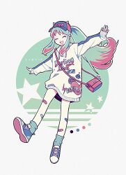 Rule 34 | 1girl, :d, bag, bandaid, bandaid on leg, baseball cap, blue footwear, blue hair, blue hat, blush, character name, closed eyes, copyright name, dot nose, drawstring, english text, facing viewer, floating hair, foot up, full body, green hair, green socks, handbag, hat, highres, hood, hood down, hoodie, long hair, lum, multicolored hair, no pants, open mouth, outstretched arms, pink hair, ponytail, print hoodie, shoes, shoulder bag, simple background, sleeve cuffs, sleeves past wrists, smile, sneakers, socks, solo, tenteko mai51, urusei yatsura, white background, white hoodie