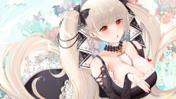 Rule 34 | 1girl, absurdly long hair, azur lane, bare shoulders, between breasts, black dress, black ribbon, breasts, cleavage, clothing cutout, dress, floral background, formidable (azur lane), frilled dress, frills, from above, gothic lolita, hair ribbon, heart, highres, lao fashi rmi, large breasts, lolita fashion, long hair, looking at viewer, neckwear between breasts, platinum blonde hair, red eyes, ribbon, shoulder cutout, signature, solo, twintails, two-tone dress, two-tone ribbon, very long hair