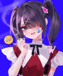 Rule 34 | 1girl, 28mm, ame-chan (needy girl overdose), black eyes, black hair, black nails, black ribbon, bleeding, blood, blue background, cat, cigarette, collar, collared shirt, commentary, crying, crying with eyes open, cursor, emoji, empty eyes, hair ornament, hair over one eye, hair tie, jirai kei, looking at viewer, medium hair, neck ribbon, needy girl overdose, open mouth, pleading face emoji, red shirt, ribbon, saliva, scar, scar on arm, self-harm, shirt, sketch, smoke, smoking, suspenders, sweat, tears, trembling, twintails, upper body, white collar, wrist cutting, x hair ornament