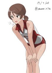 Rule 34 | 1girl, breath, brown eyes, brown hair, commentary, dated, girls und panzer, hair tie, hands on own knees, heavy breathing, kawanishi shinobu, leaning forward, looking to the side, one-hour drawing challenge, red shirt, red shorts, shirt, short hair, short ponytail, short shorts, shorts, simple background, single vertical stripe, sleeveless, sleeveless shirt, solo, sportswear, standing, sweat, swept bangs, twitter username, volleyball uniform, white background, yamano rita